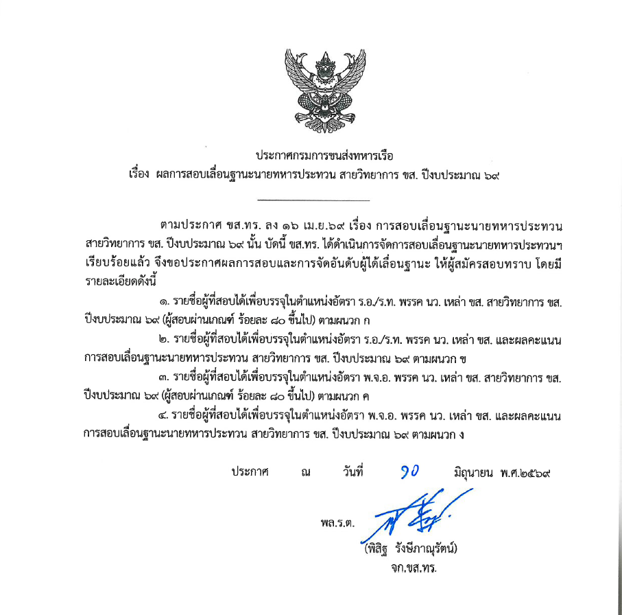 ประกาศกรมการขนส่งทหารเรือ เรื่อง ผลการสอบเลื่อนฐานะนายทหารประทวน สายวิทยาการ ขส. ปีงบประมาณ ๖๙